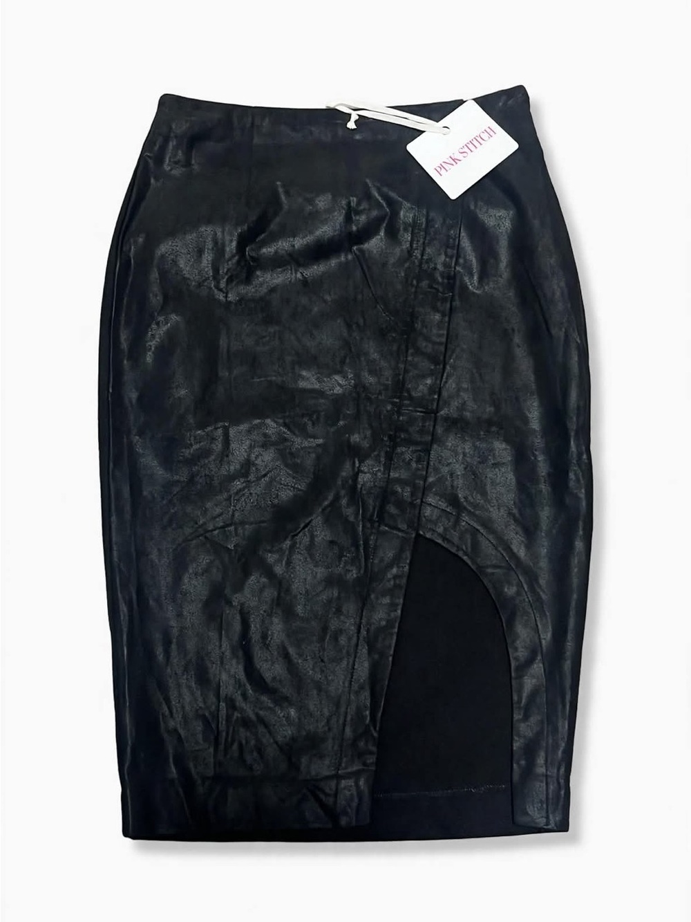 Pink Stitch My Secret Lover Skirt Size 4 Black Faux Leather Wrap Cutout Slit NWT